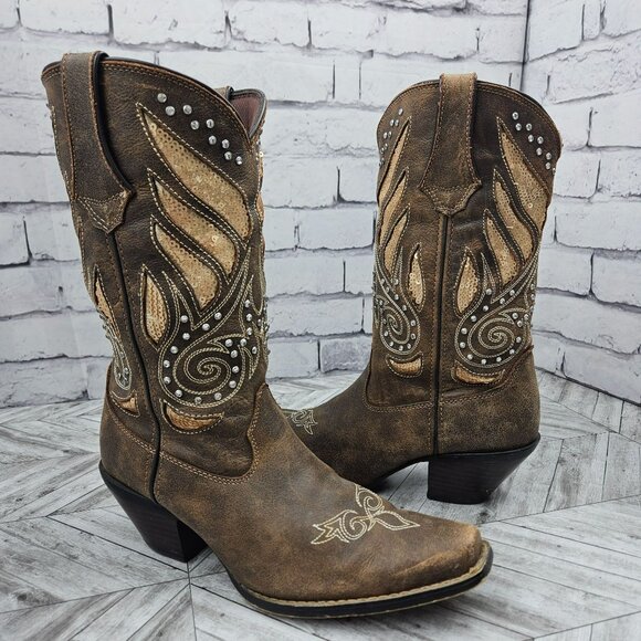 BROWN LEATHER DURANGO COWGIRL BOOTS Womens 9.5 Sequins Studs Sparkle Rodeo - Picture 1 of 16